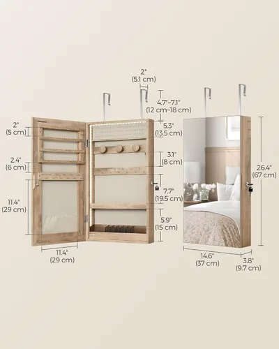 Miniatura 6 de SONGMICS Armario de joyería con espejo con luces LED integradas, organizador de almacenamiento de joyas montado en la pared o en la puerta, 3.8 x