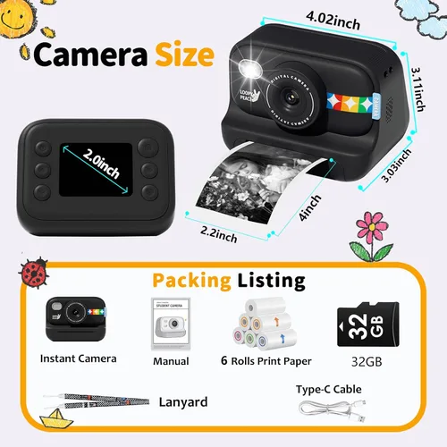 Miniatura 7 de Cámara de impresión instantánea para niños con papel de impresión de 5 colores, foto de 48MP, video 1080P, 21 marcos divertidos, tarjeta de 32GB
