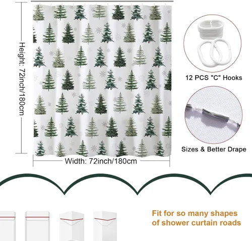 Miniatura 7 de Baccessor - Cortina de ducha de invierno de Navidad, diseño de árbol de pino, cardenal, ciervo, naturaleza, bosque, escena nevada blanca, decoración