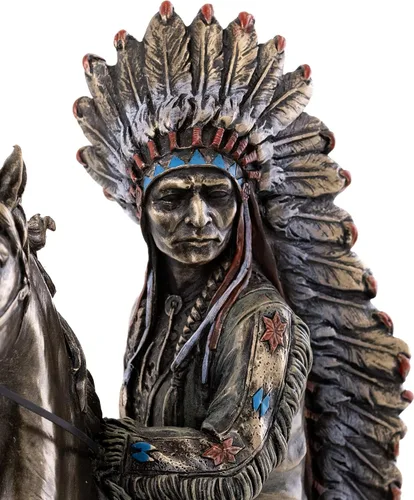 Miniatura 6 de Top Collection Chief Sitting Bull on Horseback Estatua – Escultura de nativos americanos con hermoso tocado en bronce fundido en frío de primera