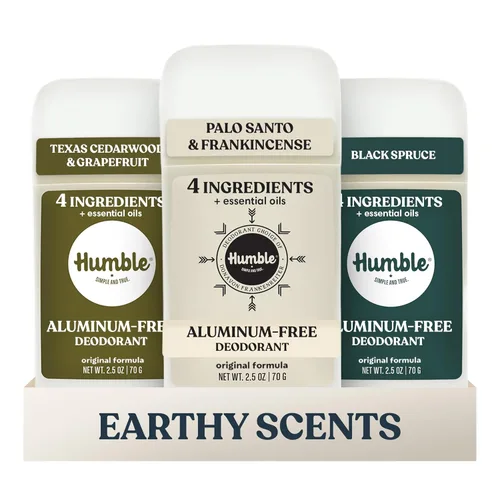 HUMBLE BRANDS - Desodorante sin aluminio de fórmula original, terroso y molido, madera de cedro de Texas, Palo Santo, abeto negro, paquete de 3