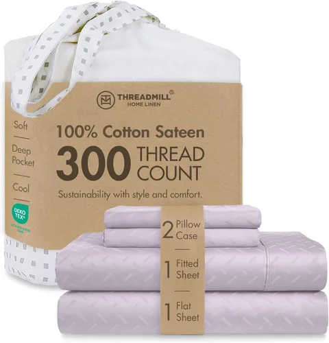 Miniatura 55 de Threadmill Sábanas 100% Algodón para Cama Tamaño King Juego de Sábanas de 4 Piezas para Cama King Suave, Transpirable y Ligero Satén de Damasco