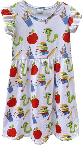 Miniatura 8 de Vestidos de regreso a la escuela para niñas pequeñas: manzana, lápices, ratón de biblioteca, autobús escolar, pegamento, telurión, pizarra arcoíris