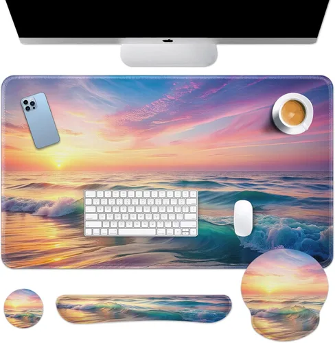 Miniatura 21 de Britimes Blue Sea - Juego de Alfombrilla de Teclado y Mouse Playa de Arena Rosa 4 en 1 Alfombrilla Grande + Reposamuñecas para Teclado +