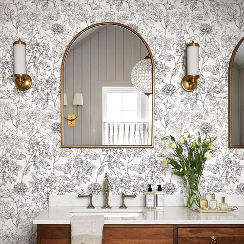 Miniatura 3 de JiffDiff Papel tapiz floral en blanco y negro con peonías removibles para despegar y pegar, papel de pared con diseño de flores esbozado