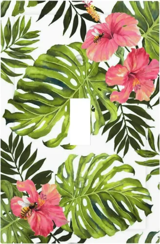 Miniatura 2 de Cubierta de placa de pared con palmera verde de planta tropical, cubierta de interruptor de luz de 1 cuadrilla, hojas de plátano, flores rosas