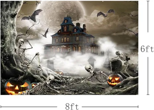 Miniatura 3 de AIBIIN Telón de fondo de fotografía gris de Halloween de 8 x 6 pies, luna llena, noche de miedo, fantasma, castillo, fondo para fotos, calabaza