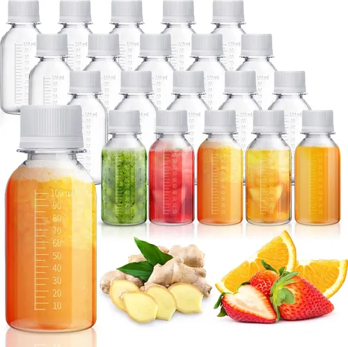 Zubebe 24 botellas de plástico de 3.4 onzas líquidas con tapas, tarros transparentes reutilizables con tapas, botellas de viaje, a prueba de fugas,