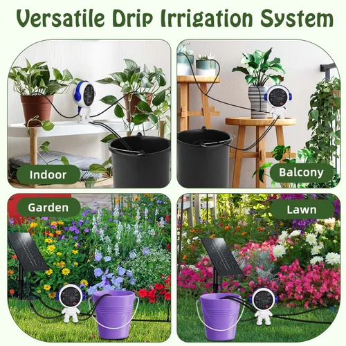 Miniatura 6 de Sistema de riego solar por goteo para jardín/exterior/interior, sistema de riego automático solar de jardín para 15 plantas en maceta, agua