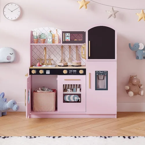 Miniatura 8 de Treocho Juego de cocina para niños, juego de cocina de madera para niños pequeños con almacenamiento, cocina de juguete de diseño moderno con grifo