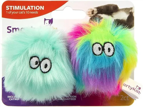 SmartyKat Fuzzy Friends - Pelota de peluche para gatos con hierba gatera (2 unidades), color arcoíris/turquesa, 2 unidades