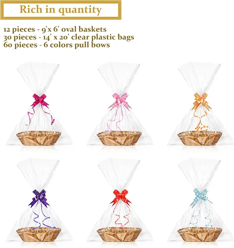 Miniatura 3 de Jetec 12 piezas de cestas para regalos vacías, canasta tejida de 9 x 6 x 2.24 pulgadas con 60 lazos de tirar coloridos y 30 bolsas transparentes