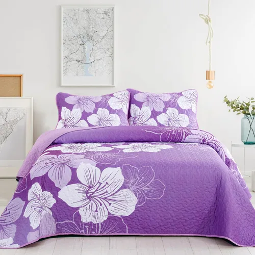 Miniatura 30 de DJY Juego de edredón de 3 piezas, tamaño completo, diseño floral azul, elegante colcha bohemia con 2 fundas de almohada, juego de edredón ligero