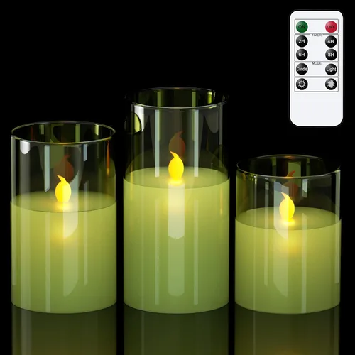 Miniatura 7 de GenSwin - Velas LED sin llama de cristal transparente que funcionan con batería, con control remoto de 10 teclas y temporizador, velas de cera real