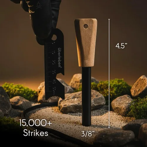 Miniatura 2 de Überleben Zünden Original Ferro Rod Fire Starter Survival Tool – Up to 15,000 Strikes, 3/8" Fire Steel with Wood Handle, Multi-Tool Striker &