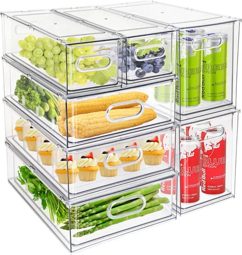 Paquete de 7 organizadores transparentes para cajones de nevera, contenedores extraíbles apilables con asa para organización de gabinetes de cocina,
