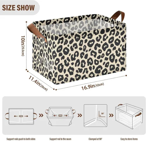 Miniatura 3 de Leopard Pattern Cream Black Storage Baskets Storage Cubes Organizer with Handles Books Towels and Clothes for Shelves Closet Books cajas