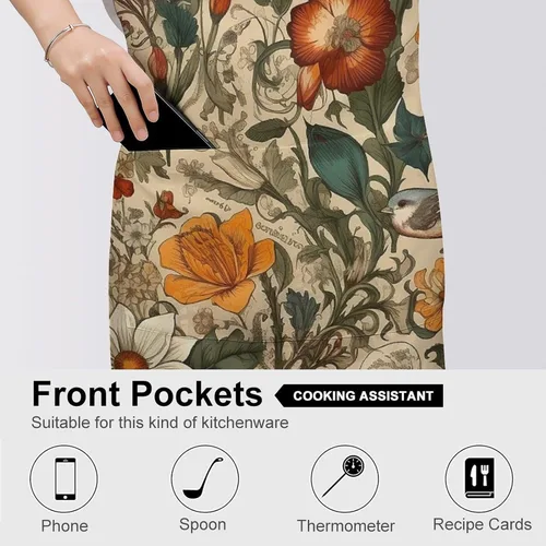 Miniatura 5 de Personalized Retro Pattern Adult Apron, Kitchen Cooking Aprons for Woman Man, Adjustable Bib Apron with Pocket for Baking, BBQ Crafting Outdoors