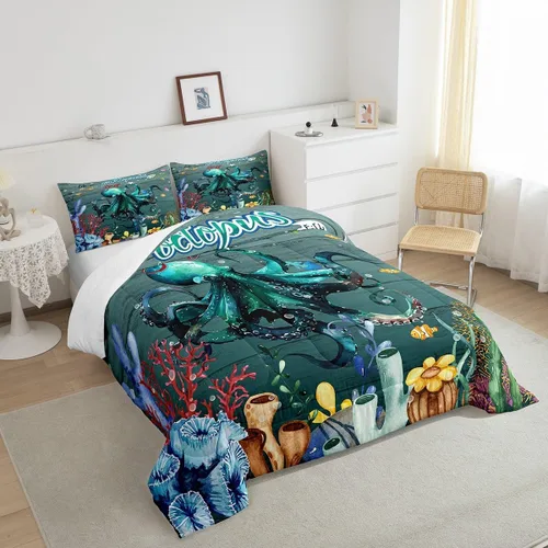 Miniatura 4 de Erosebridal Juego de edredón de ajolote rosa Kawaii Walking Fish para niños, edredón de reptil de criatura bajo el mar, arrecife de coral