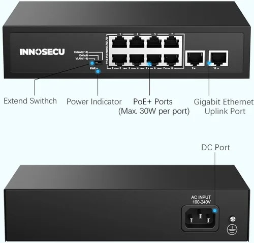 Miniatura 6 de Interruptor PoE de 8 puertos, no administrado, 30 W por puerto, presupuesto total 120 W, 10/100/1000 Mbps PoE+ Ethernet Switch, 2 puertos de enlace