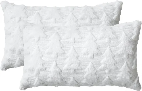 Miniatura 14 de AVOIN colorlife Juego de 2 fundas de almohada beige con árbol de Navidad, 16 x 16 pulgadas, felpa suave, piel sintética, jacquard, festivales