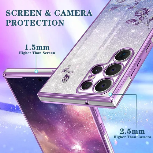 Miniatura 5 de Funda para Samsung Galaxy S22 Ultra con purpurina brillante para mujeres y niñas, cubierta de teléfono morada, diseño floral con anillo de flores