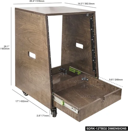 Miniatura 5 de Sound Town Estante inclinado de madera contrachapada de abedul báltico macizo de 12U con espacio de estante de 12U, cajón extra de 2U, patas