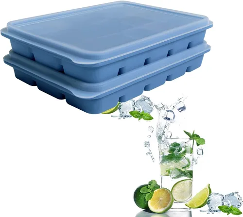 Juego de 2 bandejas para cubitos de hielo, fácil liberación, 15 moldes flexibles de silicona para cubitos de hielo con tapa extraíble, bandejas de
