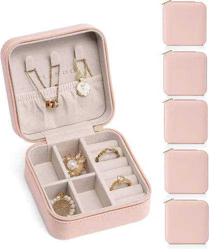 Miniatura 82 de Vlando Regalos de boda – Organizador de viaje de joyería pequeña de piel sintética, estuche de viaje para anillo, mini joyero para aretes, collar