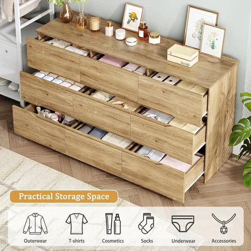 Miniatura 4 de Cómoda natural de 9 cajones para dormitorio, cómoda de 60.3 pulgadas de ancho con mango de ranura, modernos aparadores grandes con riel deslizante