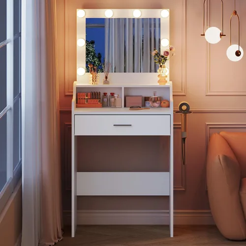 Miniatura 7 de WLIVE Escritorio de tocador con espejo y luces, mesa de maquillaje con cajón, armario y estantes abiertos, tocador de dormitorio con estación