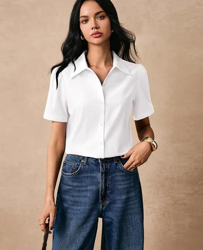 Miniatura 2 de Gleeivy Camisas de botones para mujer de manga corta abombada, camisas de vestir abotonadas con cuello ajustado, blusa superior de trabajo