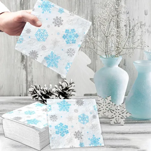 Miniatura 6 de Servilletas de invierno con copos de nieve para decoración de fiesta, diseño de copo de nieve de invierno, azul y blanco del país de las maravillas