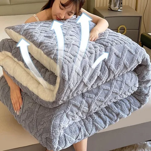 Miniatura 5 de Edredón de felpa de cordero grueso de doble capa, edredón cálido para invierno, edredón jacquard a cuadros de hibisco, manta de cama gruesa