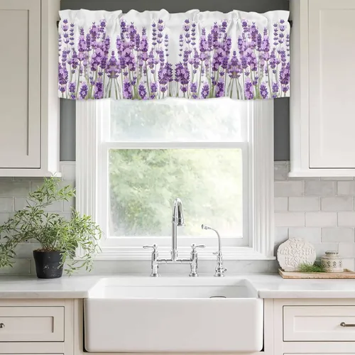 Cortina de cenefas de lavanda púrpura pastoral para cocina, cafetería, cenefa floral de primavera de 42 x 12 pulgadas, bolsillo para barra, cortinas