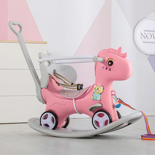 Miniatura 2 de Caballo mecedor 4 en 1 para niños pequeños de 1.5 a 3 años, juguetes de paseo en bicicleta de equilibrio con asa de empuje, respaldo de juguete Rosa