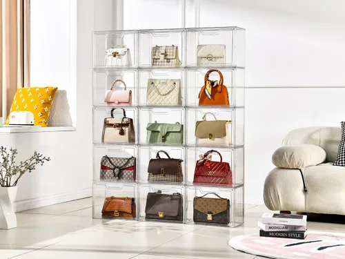 Miniatura 5 de Organizador de bolso para armario, vitrina de acrílico transparente para organizador de bolso, caja de almacenamiento de monedero con puerta