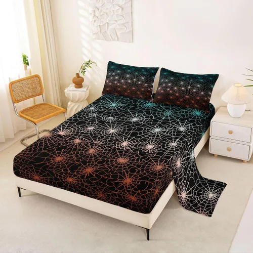 Miniatura 13 de Erosebridal Sábanas de Telaraña Juego de Sábanas Feliz Halloween Juego de Ropa de Cama de Líneas Rayas Geométricas Tamaño King Sábana Plana Amarillo