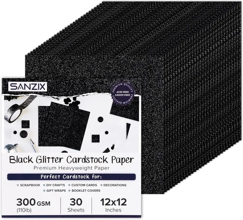 SANZIX 30 hojas de papel de cartulina negra con purpurina de 12x12" - 110lb 300 GSM papel premium con purpurina brillante para Cricut, decoraciones