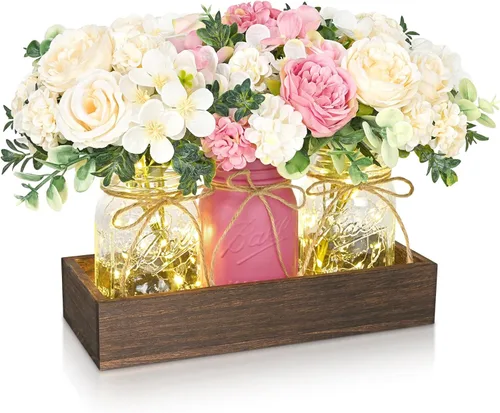 Miniatura 13 de BLEUM CADE Decoración de mesa de centro de mesa, 3 piezas de flores artificiales de hortensias en frascos Mason con bandeja de madera para mesa