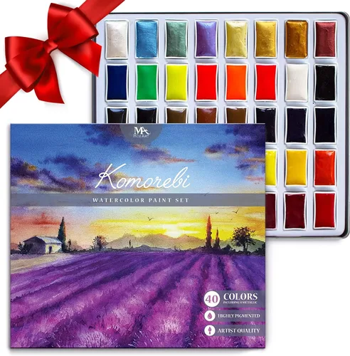 Juego de pintura de acuarela japonesa premium Mozart - 40 colores ricos con pastillas metálicas y de neón - Juego de calidad artística para adultos,