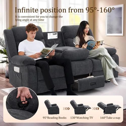 Miniatura 3 de Korser Sofá reclinable, sofá biplaza reclinable con consola, sofá reclinable extragrande con mesa desplegable, sofá de 3 plazas con portavasos y Gris