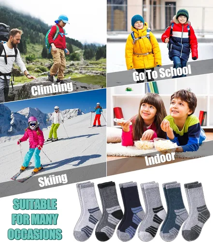 Miniatura 6 de LINEMIN Calcetines de senderismo de lana merino para niños y niñas, cálidos, gruesos, térmicos, acolchados, para invierno, 6 pares