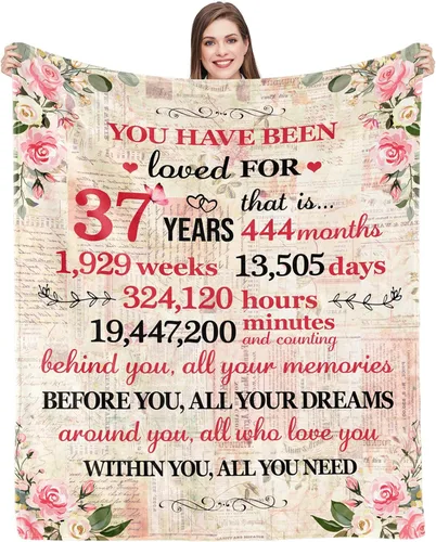 Givetoyou Manta de cumpleaños número 37 para mujer, estampado floral rosa y blanco, 60 x 50 pulgadas, forro polar de poliéster, manta 34 años