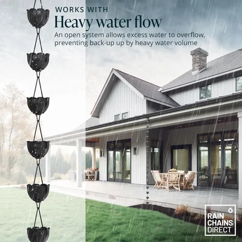 Miniatura 6 de Rain Chains Direct - Cadena de lluvia de tulipán - 8.5 pies - Aluminio recubierto de polvo negro - Cadenas de lluvia premium para canalones