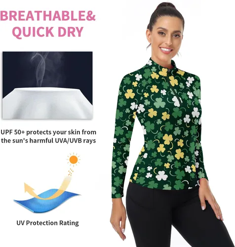 Miniatura 197 de WOWENY Camiseta deportiva de manga larga para mujer, con cremallera de un cuarto, cuello para entrenamiento, camiseta de tenis con estampado
