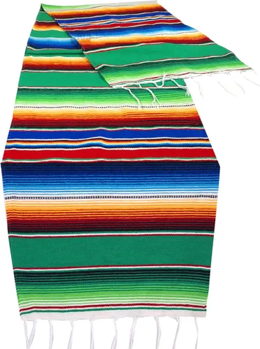 Miniatura 7 de Camino de mesa colorido a rayas fabricado en México 83x14 pulgadas.