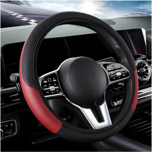 Miniatura 24 de DXNQ Funda para volante de automóvil, 15 pulgadas de fibra de carbono con costuras de piel, protector de volante de color, antideslizante, elástica
