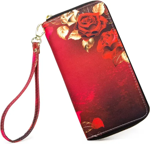 Miniatura 26 de Cartera de mano para mujer, estilo bohemio, con RFID, elegante, espaciosa con correa para viajes, capacidad para tarjetas, teléfono, dinero