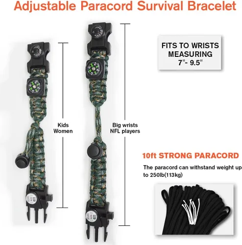 Miniatura 4 de Brazalete de paracord de supervivencia 20 en 1, kit de equipo ajustable con luz LED SOS, arrancador de fuego, brújula más grande, silbato